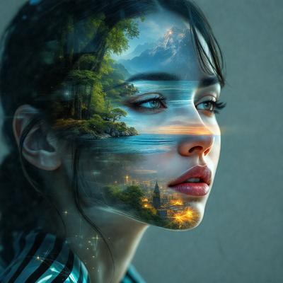 The primary subject of the image is a woman with a unique visual style. She is depicted with a tree on her face, creating a surreal and artistic scene. The setting is a gray background, which contrasts with the woman's face and the tree. The visual style is a combination of photo and digital art, giving the image a creative and intriguing appearance. The colors are predominantly gray, which adds to the overall mood of the image.